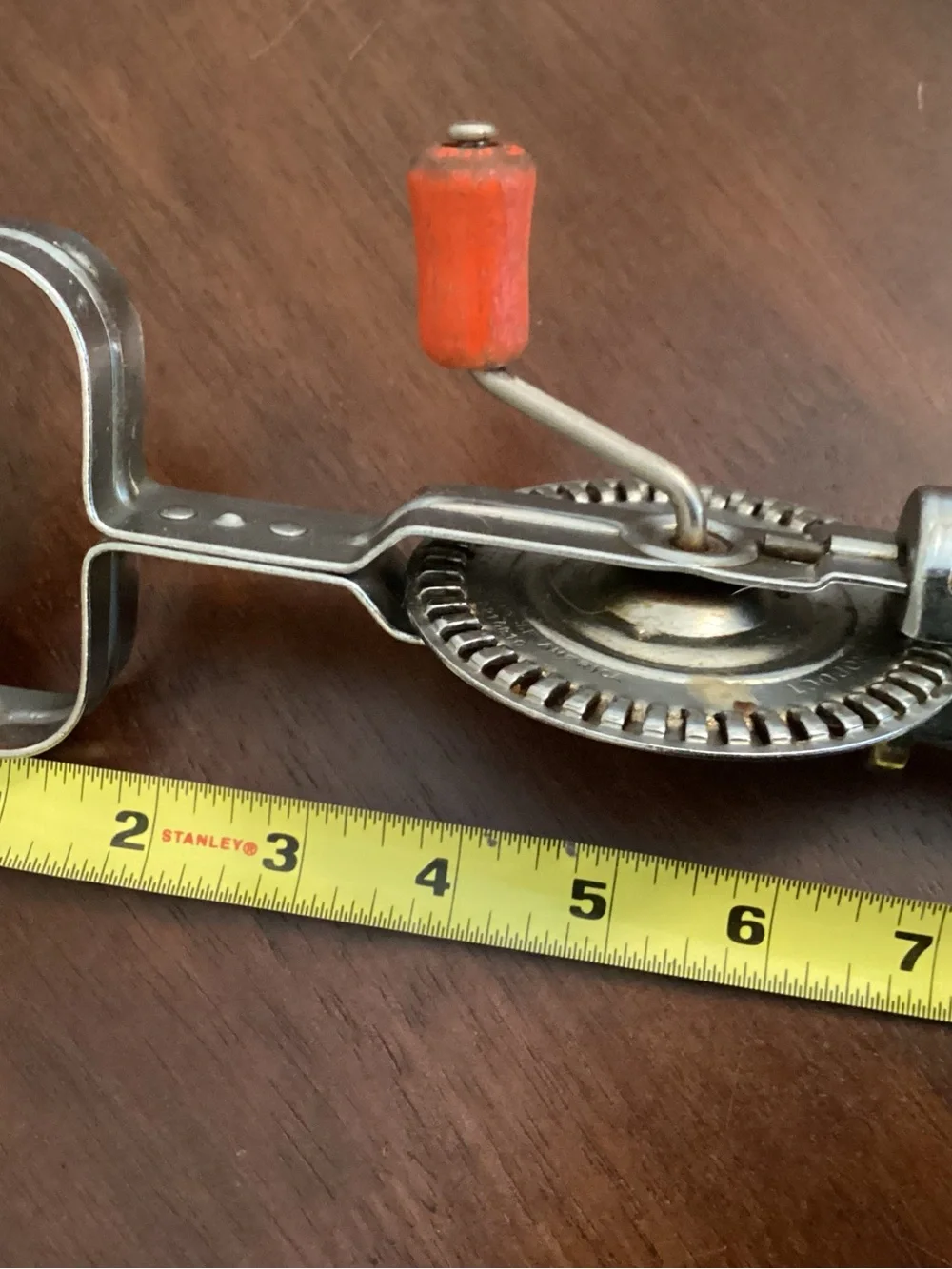 Vintage Hand Crank Egg Beater with Red Wooden Handle